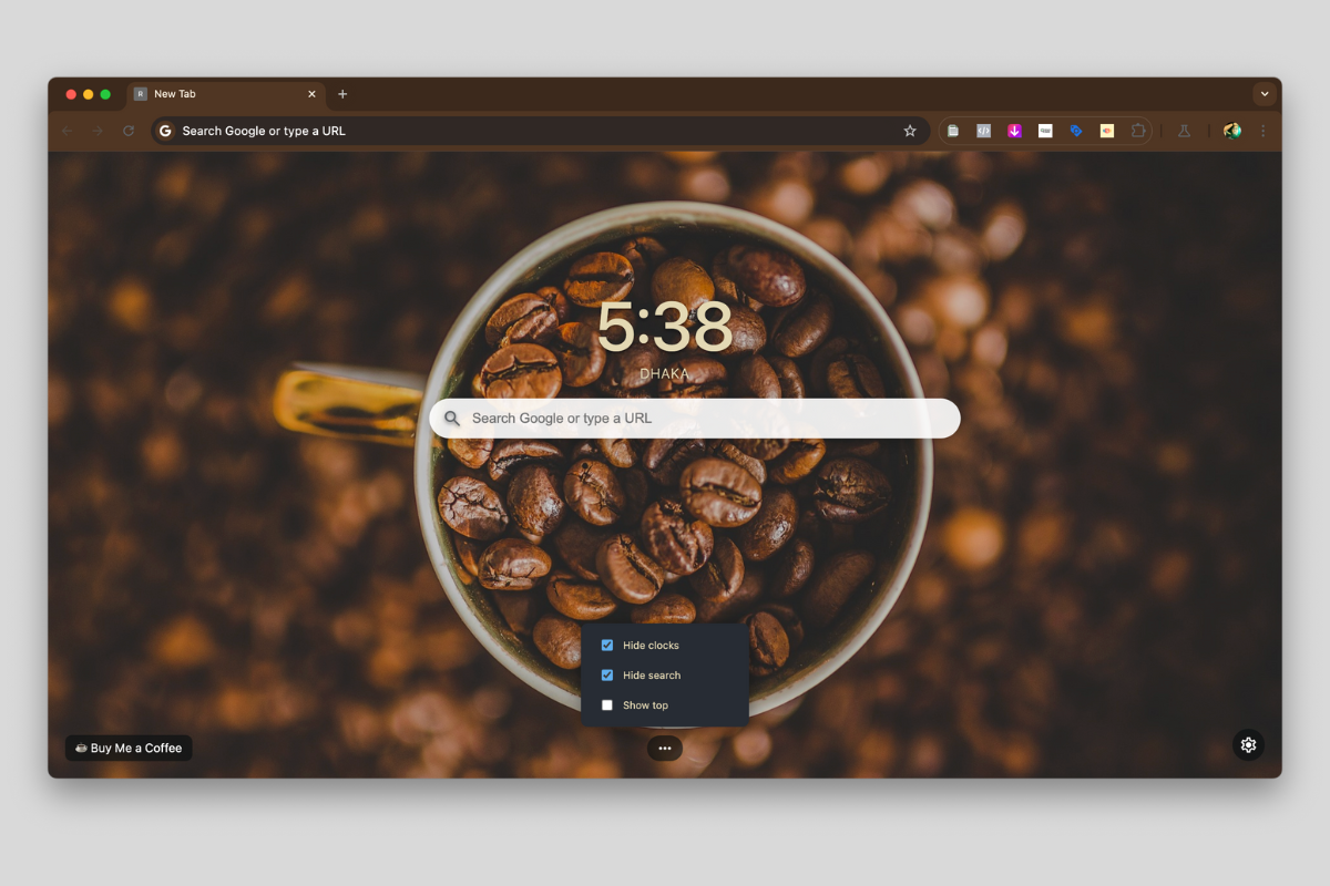 Screenshot of the Coffee Theme new tab page with a coffee wallpaper.