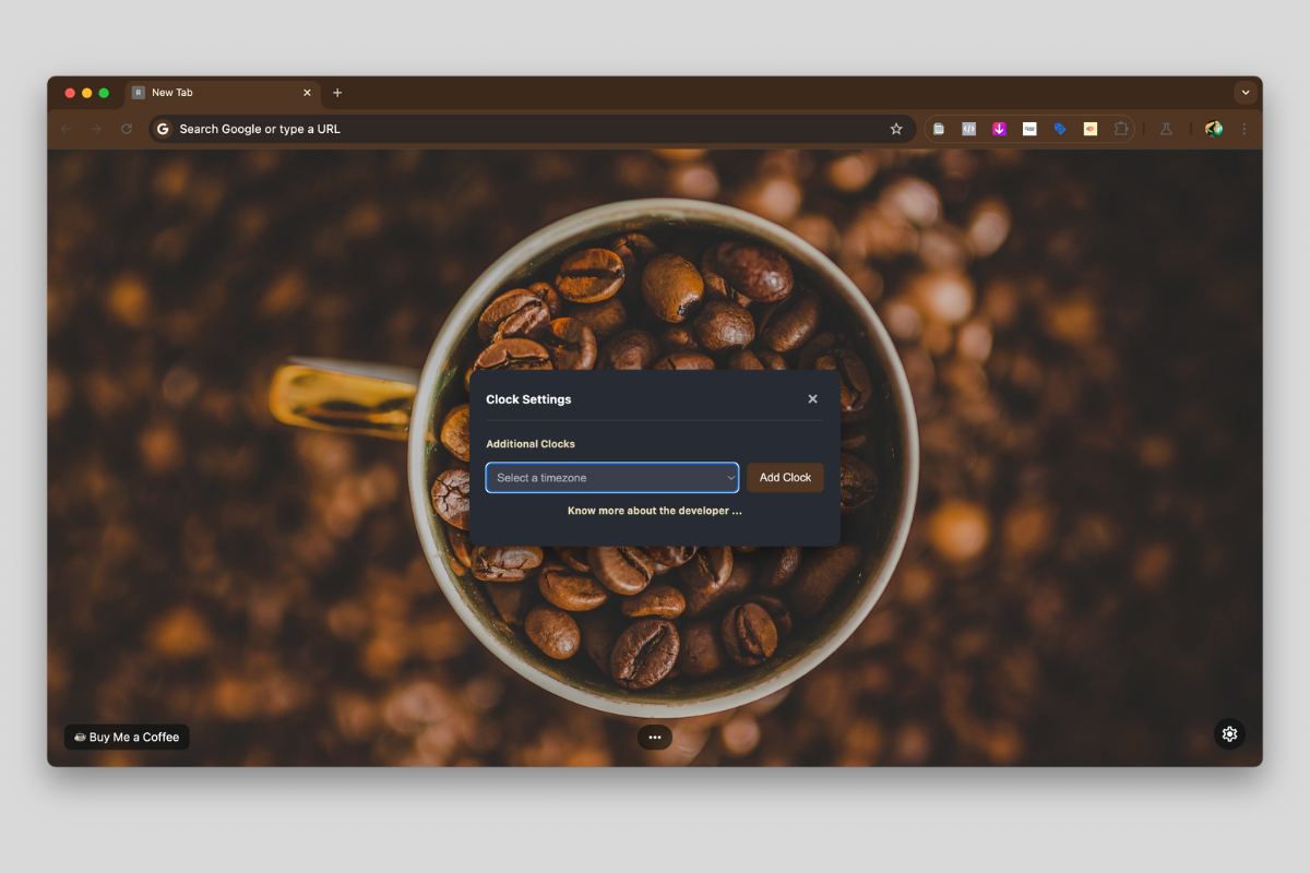 Screenshot of the New Tab page with a unique coffee-themed background.